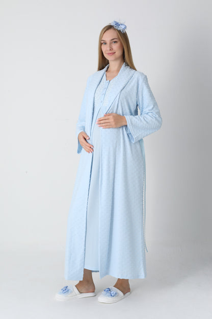 Lohusa Uzun Gecelik ve Sabahlık Hamile Takım Jakarlı Kabartma Noktalı Emzirme ve Tesettüre Uygun -2311