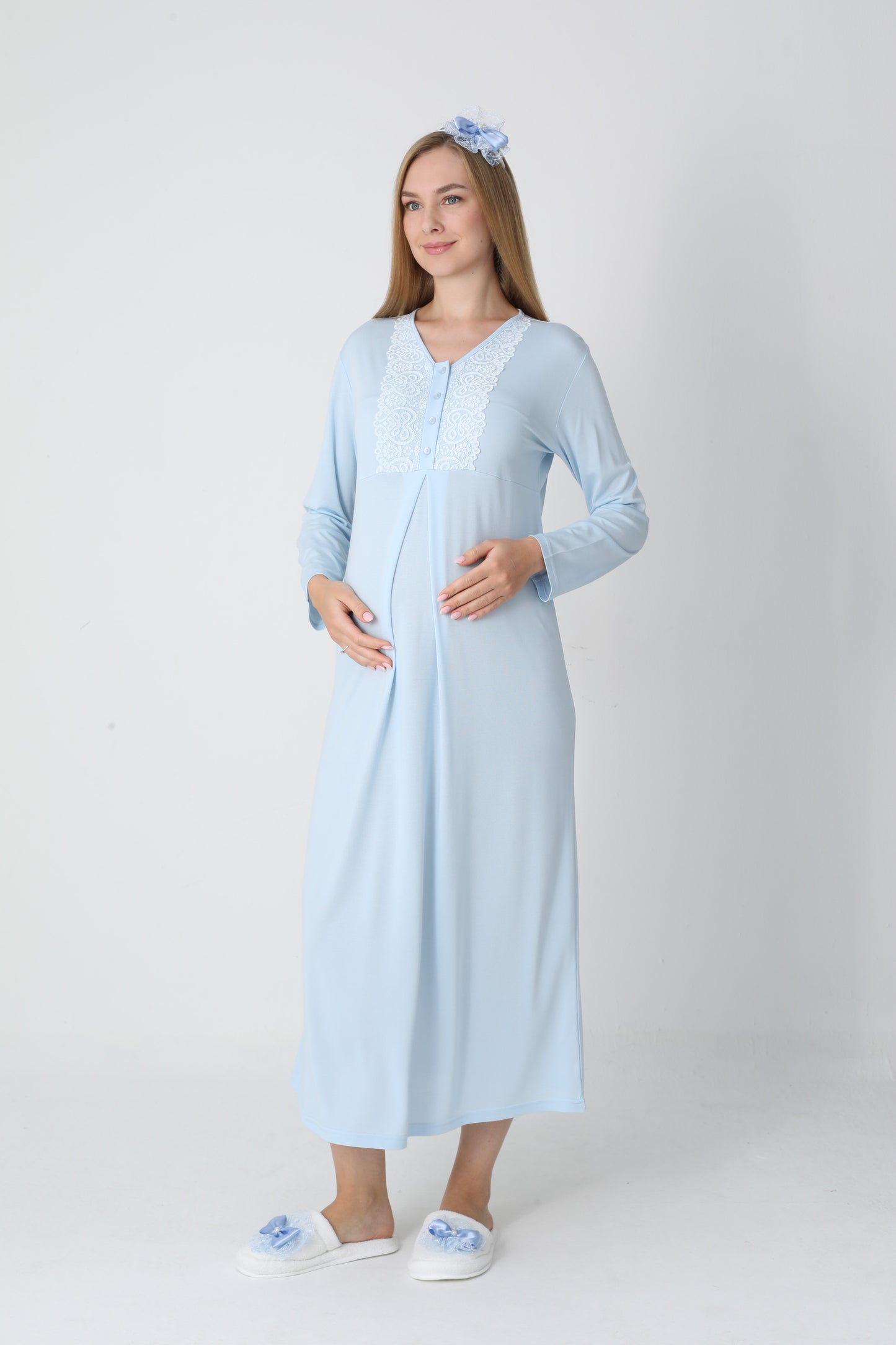 Lohusa Uzun Gecelik ve Sabahlık Hamile Takım Jakarlı Kabartma Noktalı Emzirme ve Tesettüre Uygun -2311