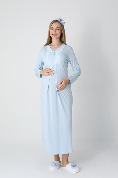 Lohusa Uzun Gecelik ve Sabahlık Hamile Takım Jakarlı Kabartma Noktalı Emzirme ve Tesettüre Uygun -2311