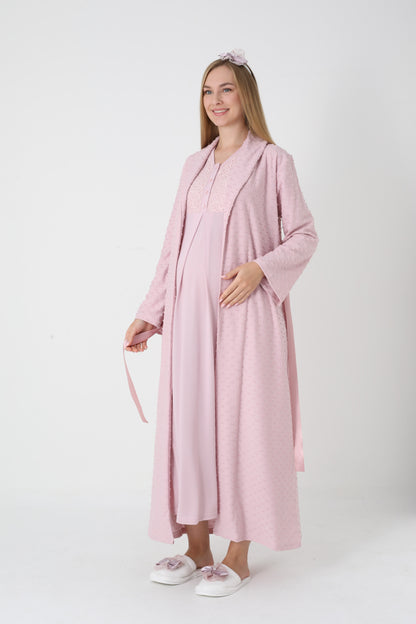 Lohusa Uzun Gecelik ve Sabahlık Hamile Takım Jakarlı Kabartma Noktalı Emzirme ve Tesettüre Uygun -2311