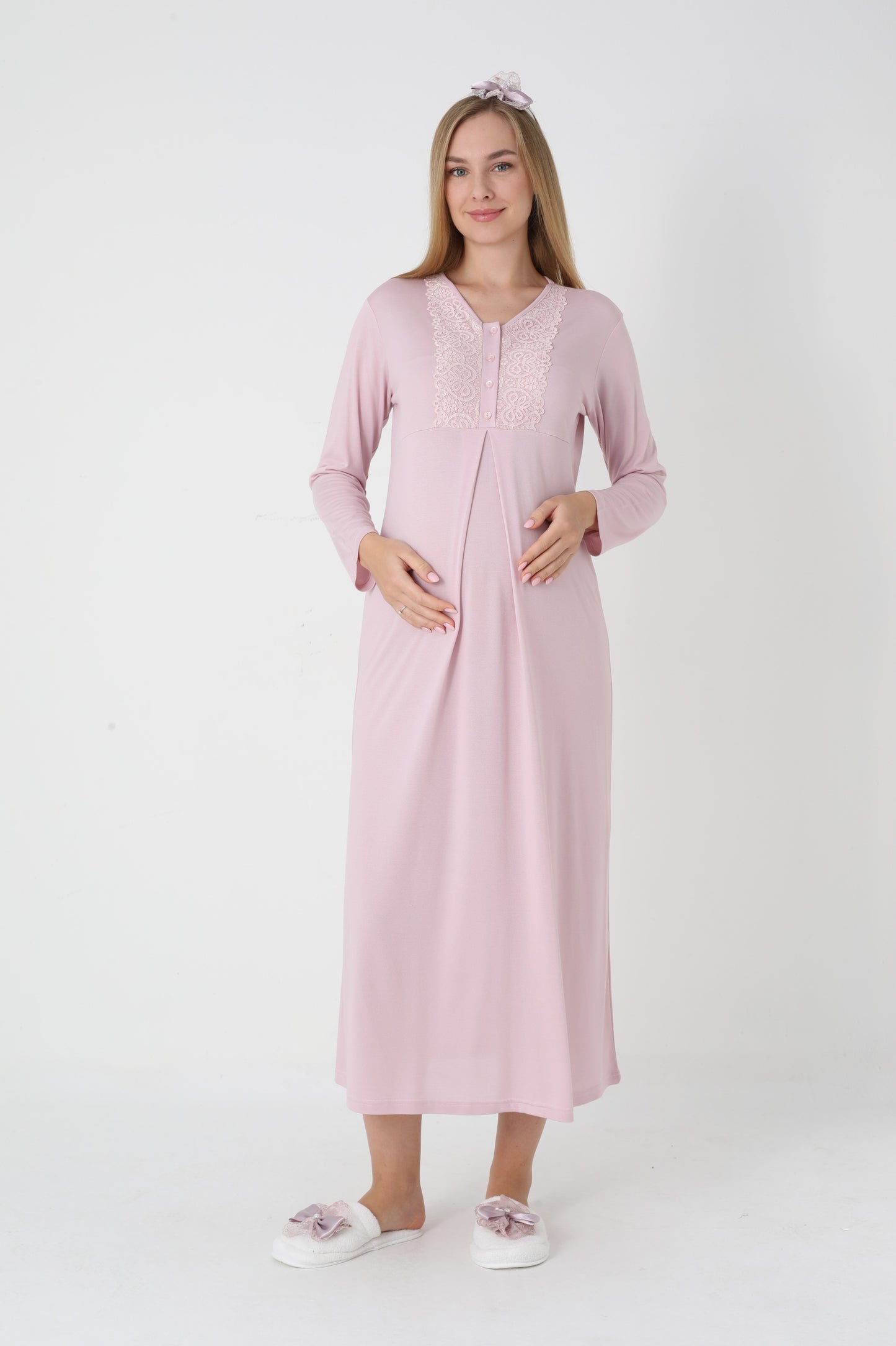 Lohusa Uzun Gecelik ve Sabahlık Hamile Takım Jakarlı Kabartma Noktalı Emzirme ve Tesettüre Uygun -2311