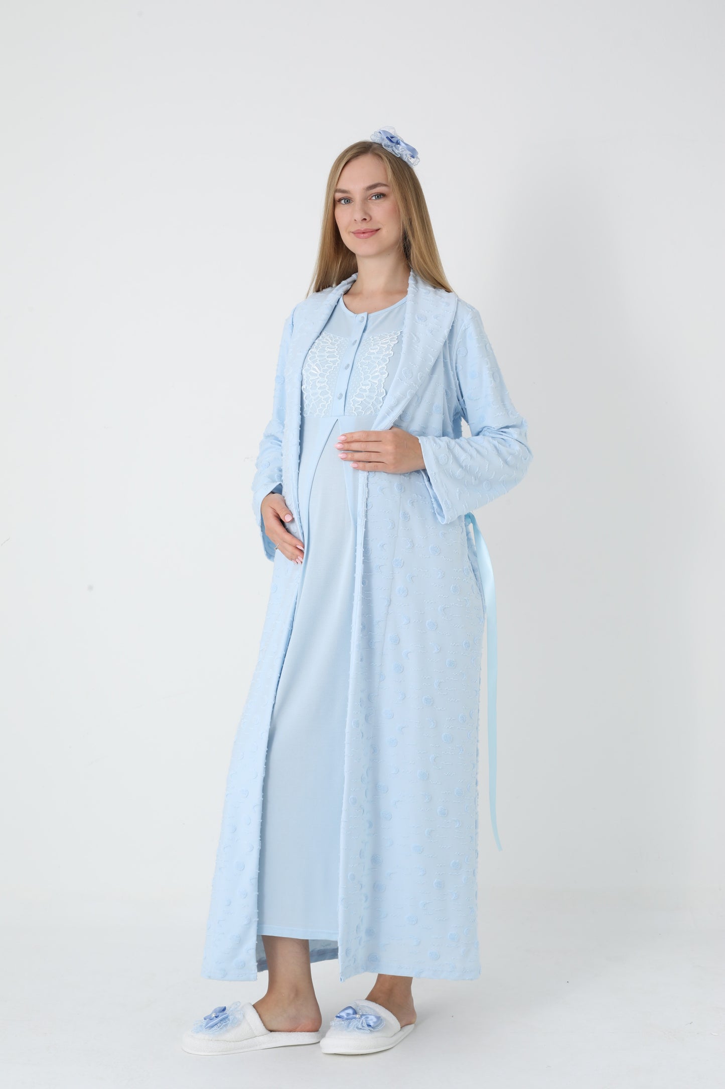 Lohusa Uzun Gecelik ve Sabahlık Hamile Takım Jakarlı  Emzirme ve Tesettüre Uygun -2312