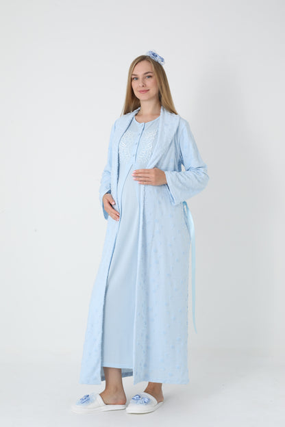 Lohusa Uzun Gecelik ve Sabahlık Hamile Takım Jakarlı  Emzirme ve Tesettüre Uygun -2312