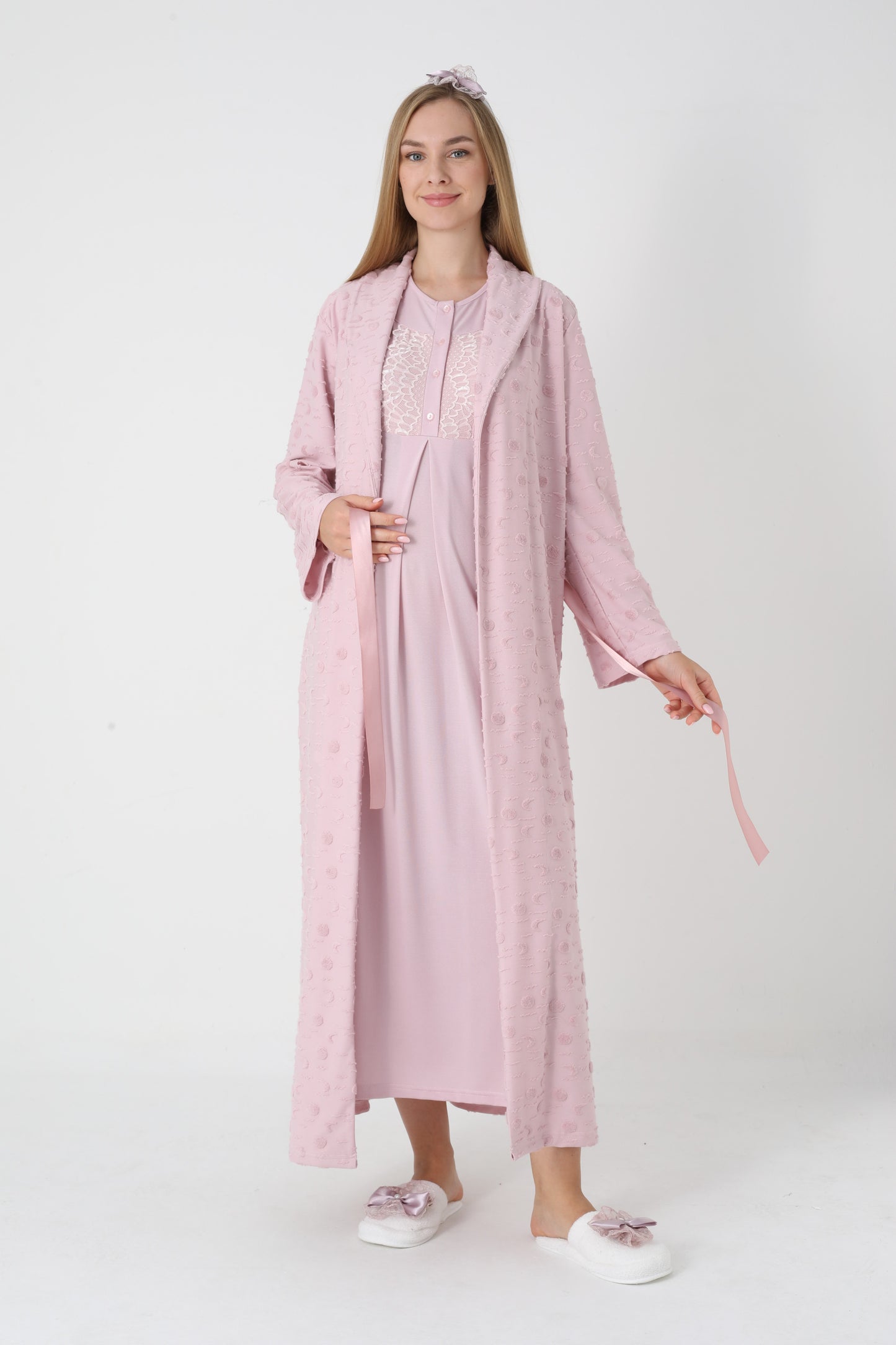 Lohusa Uzun Gecelik ve Sabahlık Hamile Takım Jakarlı  Emzirme ve Tesettüre Uygun -2312