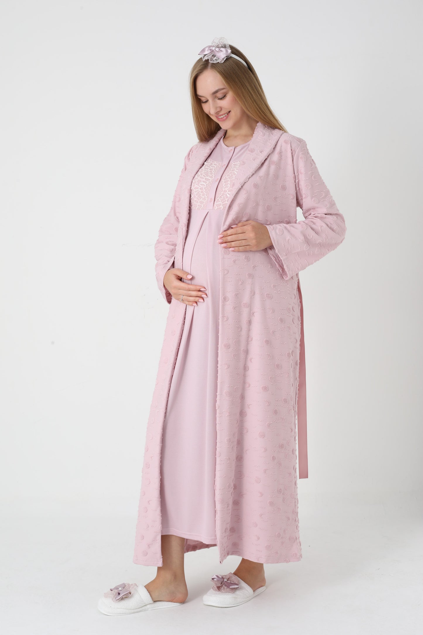 Lohusa Uzun Gecelik ve Sabahlık Hamile Takım Jakarlı  Emzirme ve Tesettüre Uygun -2312