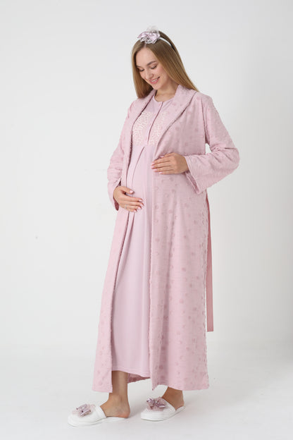 Lohusa Uzun Gecelik ve Sabahlık Hamile Takım Jakarlı  Emzirme ve Tesettüre Uygun -2312