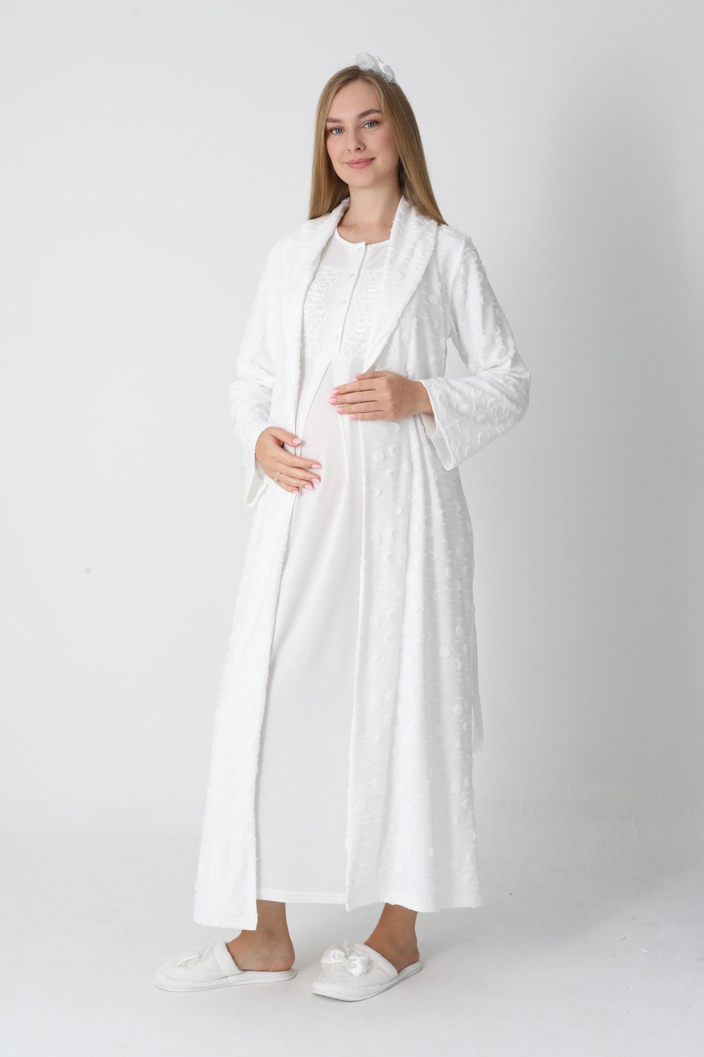 Lohusa Uzun Gecelik ve Sabahlık Hamile Takım Jakarlı  Emzirme ve Tesettüre Uygun -2312