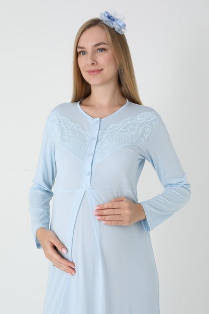 Kapitone Sabahlıklı Dantel Detaylı Önden Düğmeli Sabahlıklı Lohusa Hamile Gecelik Takımı 2'Li Takım -2313