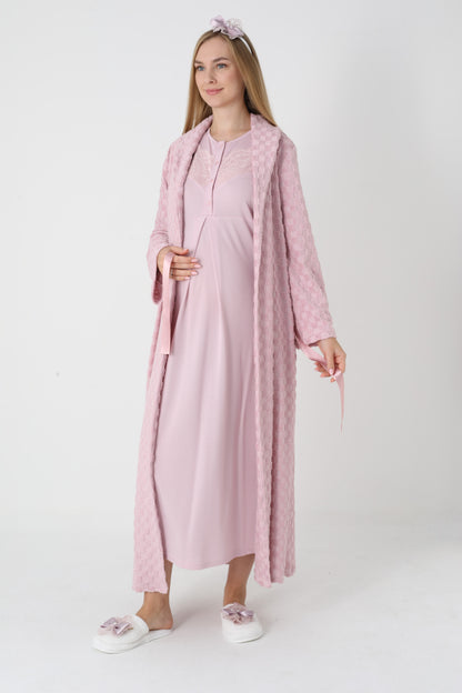 Kapitone Sabahlıklı Dantel Detaylı Önden Düğmeli Sabahlıklı Lohusa Hamile Gecelik Takımı 2'Li Takım -2313