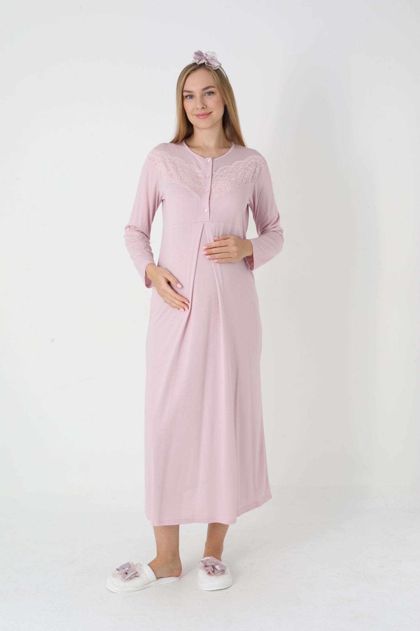 Kapitone Sabahlıklı Dantel Detaylı Önden Düğmeli Sabahlıklı Lohusa Hamile Gecelik Takımı 2'Li Takım -2313