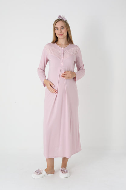 Kapitone Sabahlıklı Dantel Detaylı Önden Düğmeli Sabahlıklı Lohusa Hamile Gecelik Takımı 2'Li Takım -2313