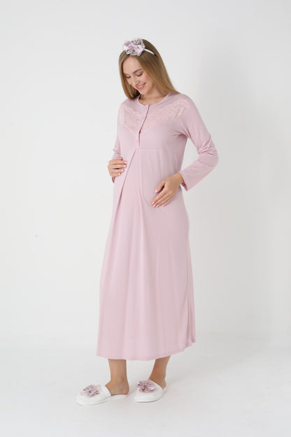 Kapitone Sabahlıklı Dantel Detaylı Önden Düğmeli Sabahlıklı Lohusa Hamile Gecelik Takımı 2'Li Takım -2313