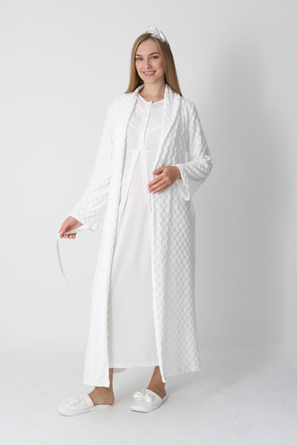 Kapitone Sabahlıklı Dantel Detaylı Önden Düğmeli Sabahlıklı Lohusa Hamile Gecelik Takımı 2'Li Takım -2313