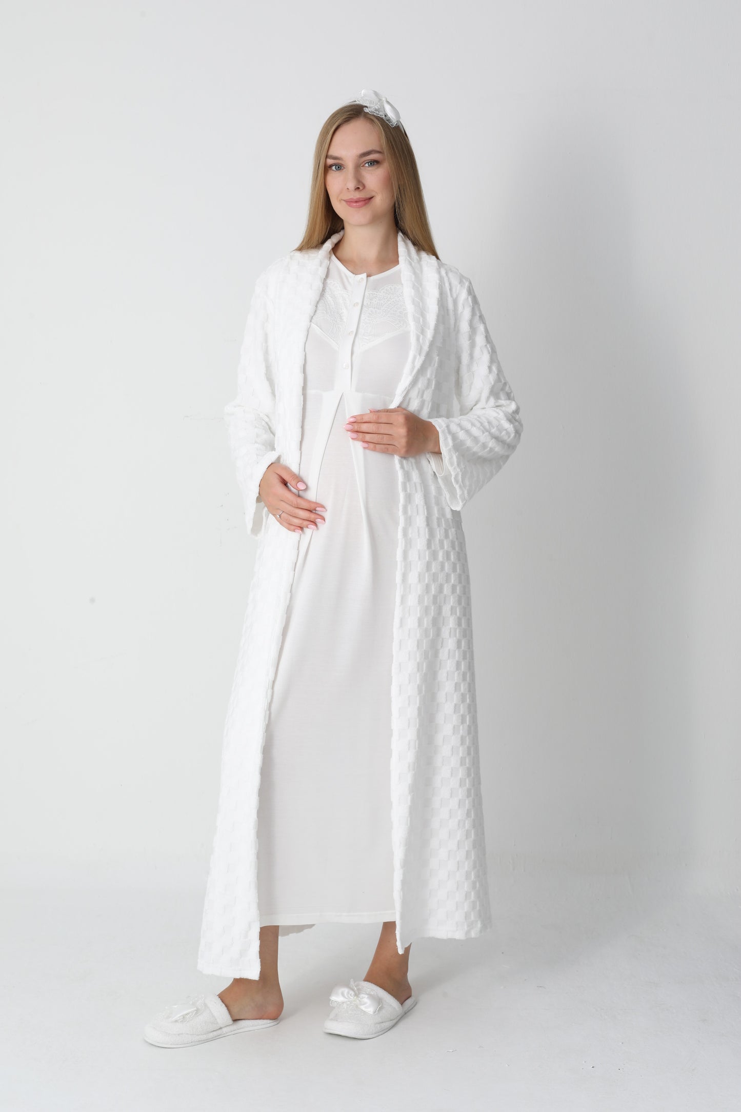 Kapitone Sabahlıklı Dantel Detaylı Önden Düğmeli Sabahlıklı Lohusa Hamile Gecelik Takımı 2'Li Takım -2313