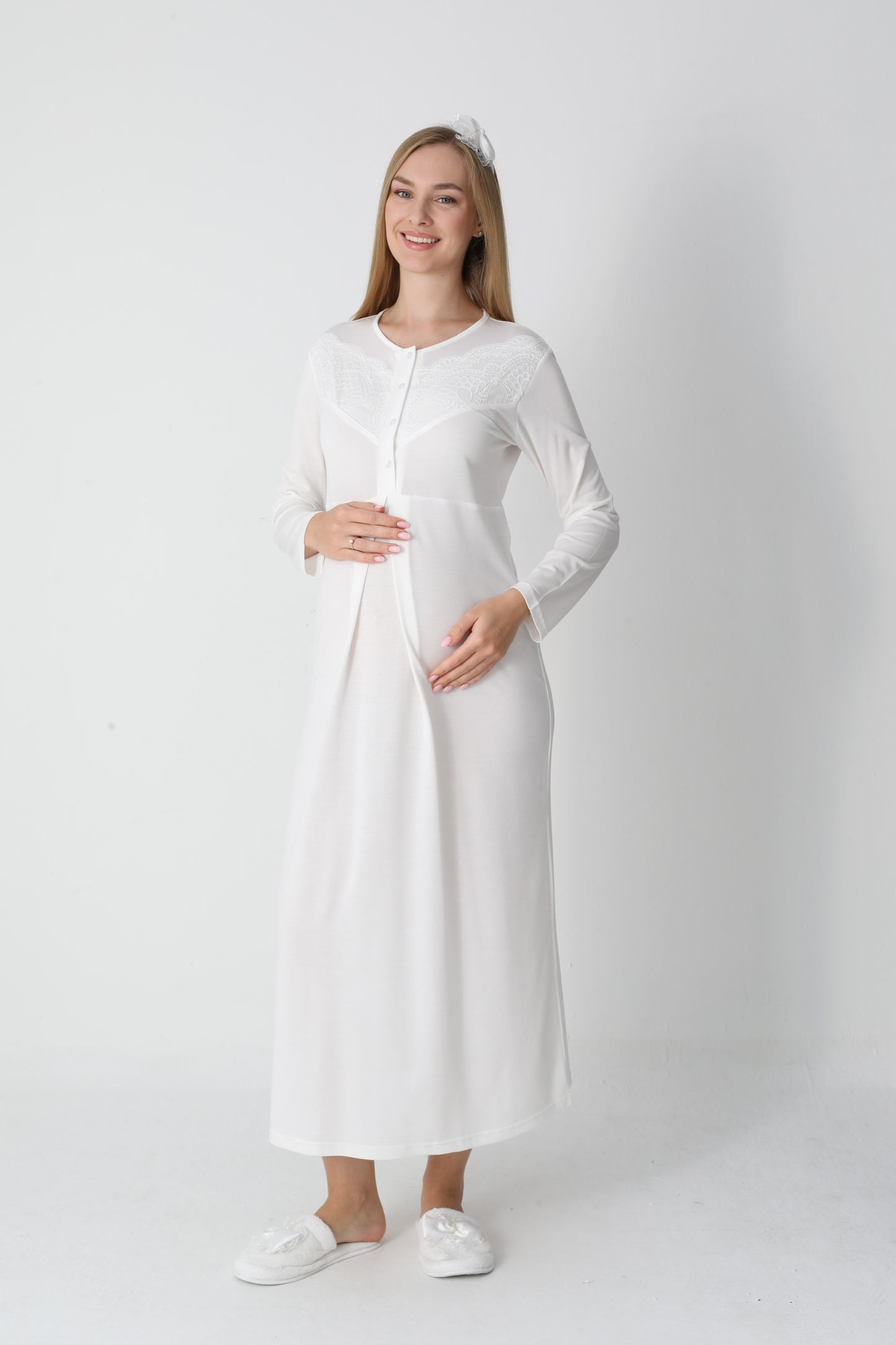 Kapitone Sabahlıklı Dantel Detaylı Önden Düğmeli Sabahlıklı Lohusa Hamile Gecelik Takımı 2'Li Takım -2313