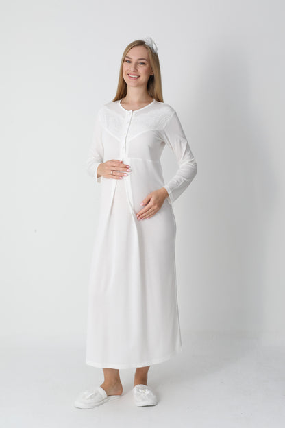 Kapitone Sabahlıklı Dantel Detaylı Önden Düğmeli Sabahlıklı Lohusa Hamile Gecelik Takımı 2'Li Takım -2313