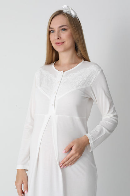 Kapitone Sabahlıklı Dantel Detaylı Önden Düğmeli Sabahlıklı Lohusa Hamile Gecelik Takımı 2'Li Takım -2313