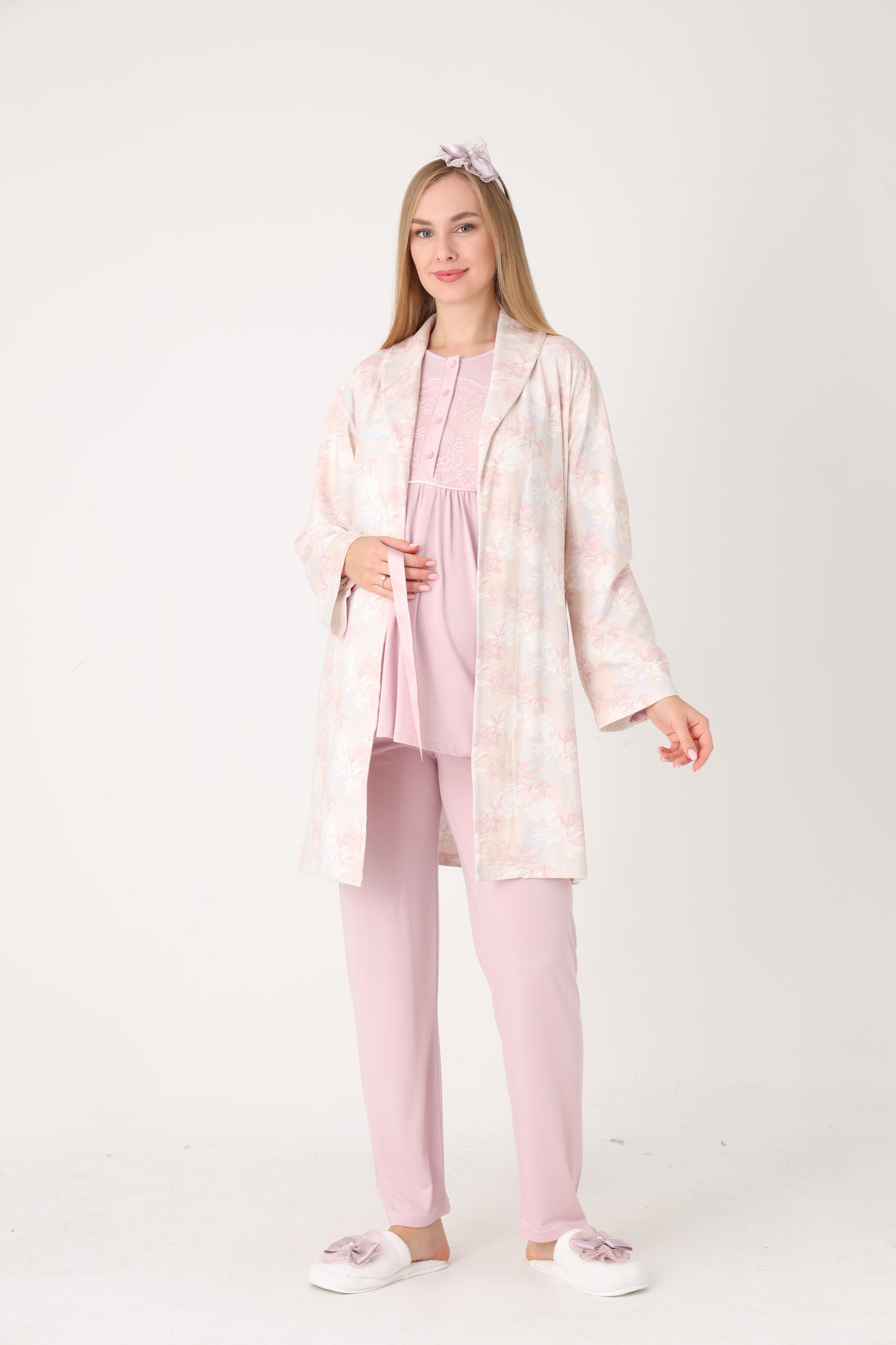 3’Lü Pijama Takımı - Viskon Sabahlıklı Lohusa Hamile Takım - 3456