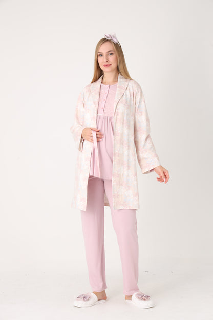 3’Lü Pijama Takımı - Viskon Sabahlıklı Lohusa Hamile Takım - 3456