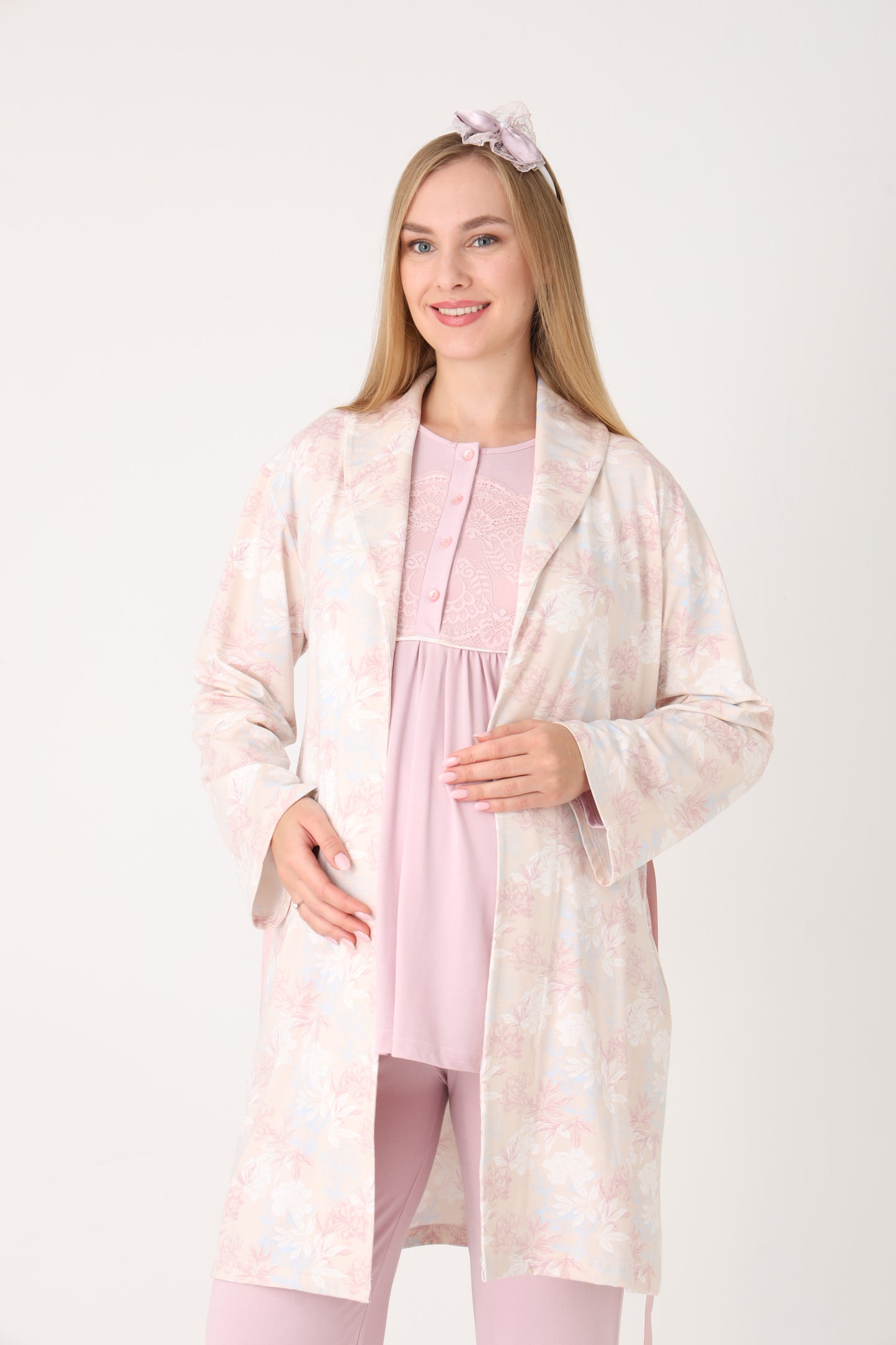 3’Lü Pijama Takımı - Viskon Sabahlıklı Lohusa Hamile Takım - 3456