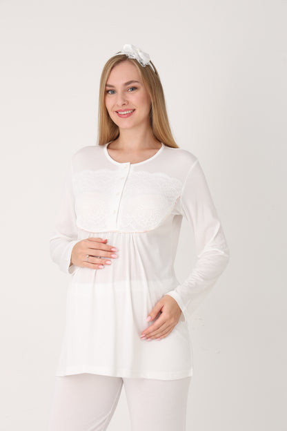 3’Lü Pijama Takımı - Viskon Sabahlıklı Lohusa Hamile Takım - 3456