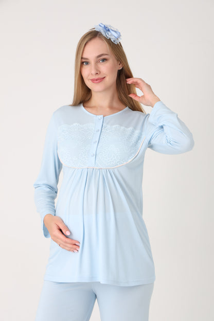 3’Lü Pijama Takımı - Viskon Sabahlıklı Lohusa Hamile Takım - 3456