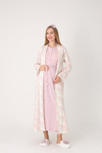 Çiçek Desenli Sabahlık Dantel Detaylı Önden Düğmeli Sabahlıklı Lohusa Hamile Gecelik Takımı 2'Li Takım -2314