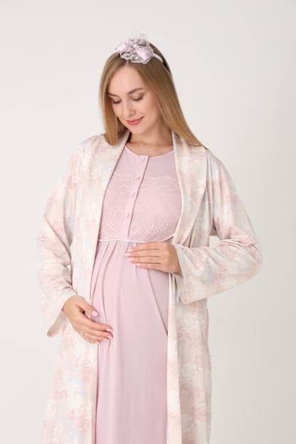 Çiçek Desenli Sabahlık Dantel Detaylı Önden Düğmeli Sabahlıklı Lohusa Hamile Gecelik Takımı 2'Li Takım -2314