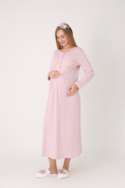 Çiçek Desenli Sabahlık Dantel Detaylı Önden Düğmeli Sabahlıklı Lohusa Hamile Gecelik Takımı 2'Li Takım -2314