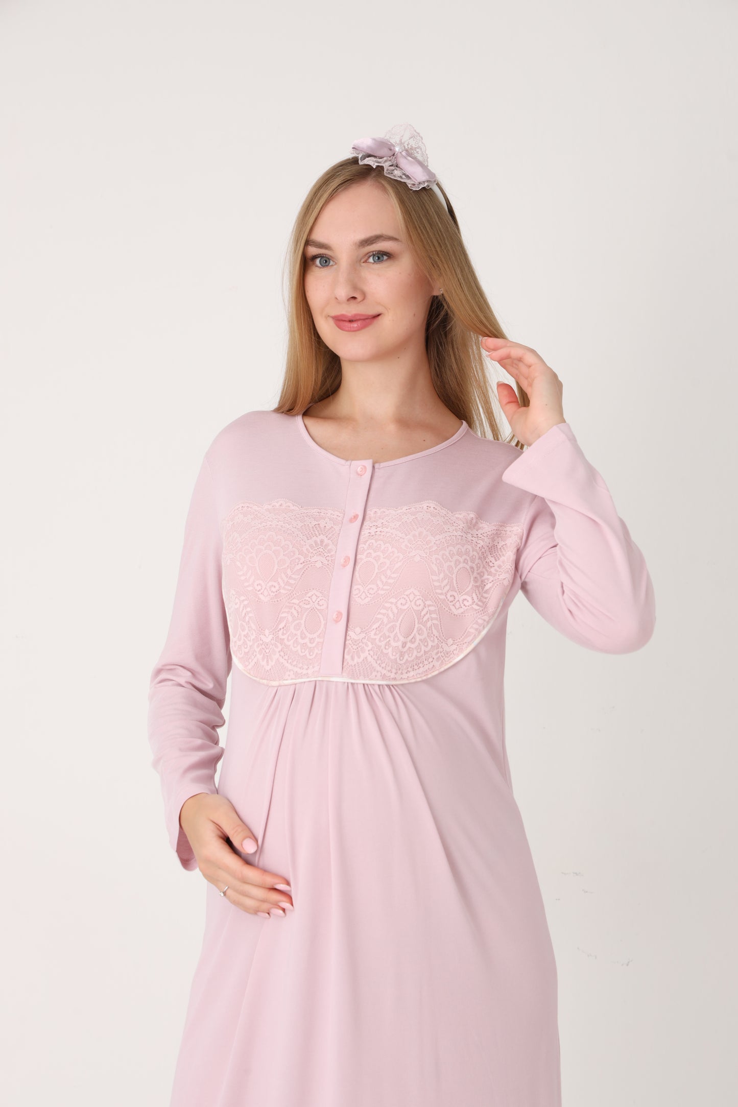 Çiçek Desenli Sabahlık Dantel Detaylı Önden Düğmeli Sabahlıklı Lohusa Hamile Gecelik Takımı 2'Li Takım -2314