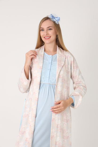 Çiçek Desenli Sabahlık Dantel Detaylı Önden Düğmeli Sabahlıklı Lohusa Hamile Gecelik Takımı 2'Li Takım -2314