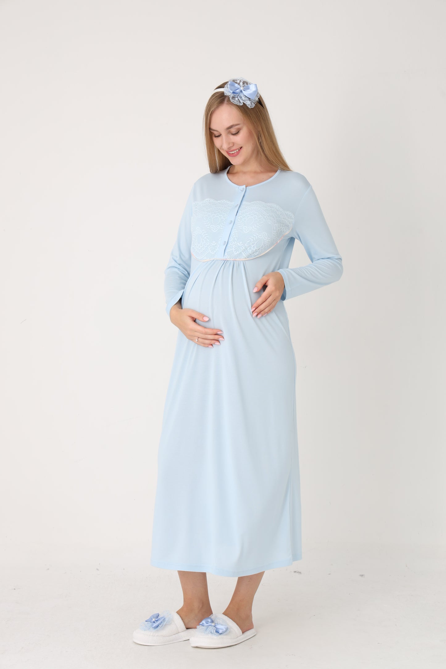 Çiçek Desenli Sabahlık Dantel Detaylı Önden Düğmeli Sabahlıklı Lohusa Hamile Gecelik Takımı 2'Li Takım -2314