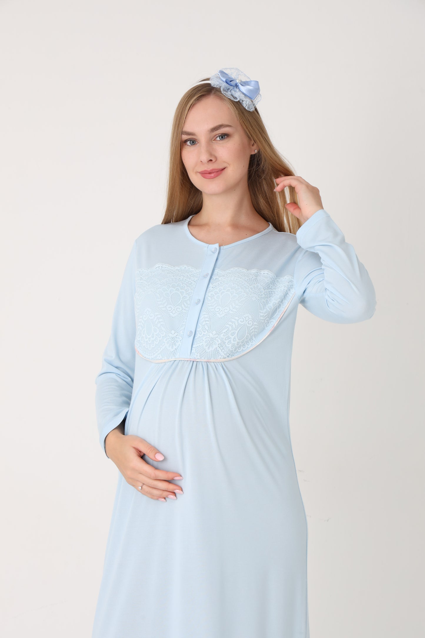 Çiçek Desenli Sabahlık Dantel Detaylı Önden Düğmeli Sabahlıklı Lohusa Hamile Gecelik Takımı 2'Li Takım -2314