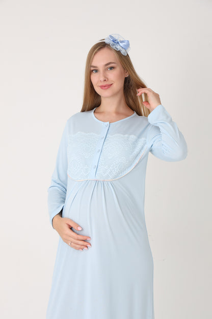 Çiçek Desenli Sabahlık Dantel Detaylı Önden Düğmeli Sabahlıklı Lohusa Hamile Gecelik Takımı 2'Li Takım -2314