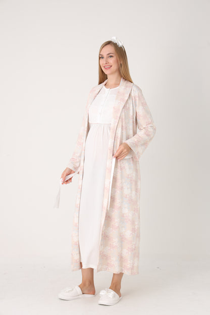 Çiçek Desenli Sabahlık Dantel Detaylı Önden Düğmeli Sabahlıklı Lohusa Hamile Gecelik Takımı 2'Li Takım -2314
