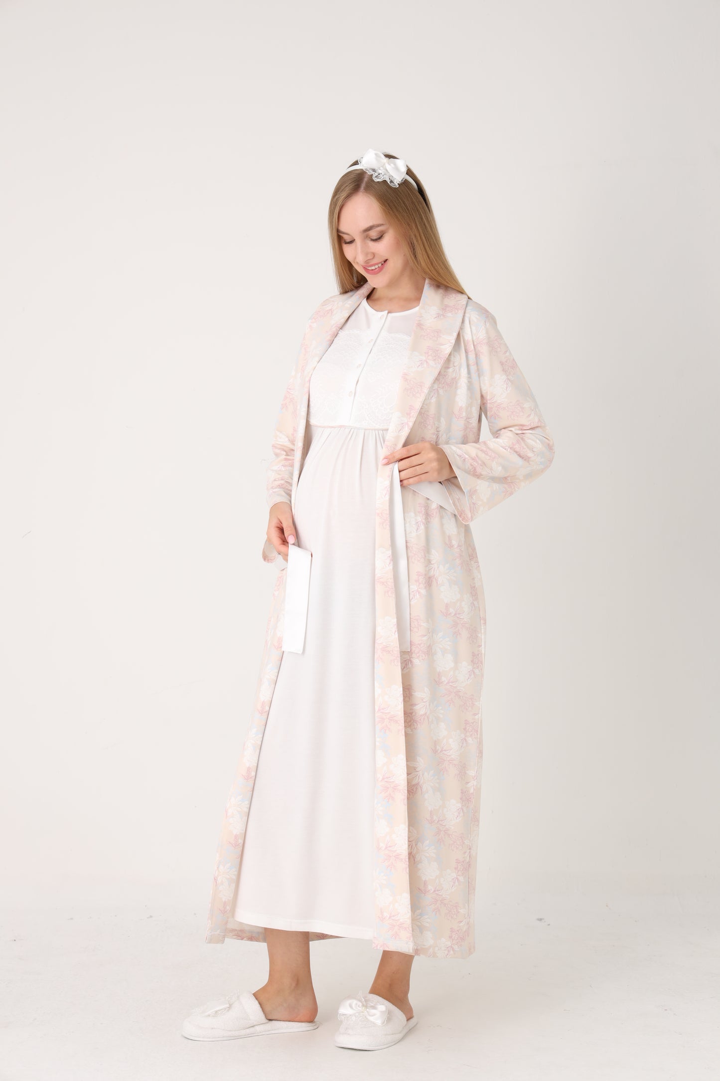 Çiçek Desenli Sabahlık Dantel Detaylı Önden Düğmeli Sabahlıklı Lohusa Hamile Gecelik Takımı 2'Li Takım -2314