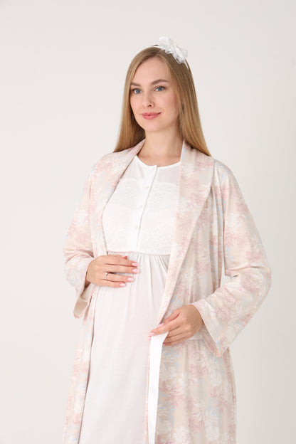 Çiçek Desenli Sabahlık Dantel Detaylı Önden Düğmeli Sabahlıklı Lohusa Hamile Gecelik Takımı 2'Li Takım -2314