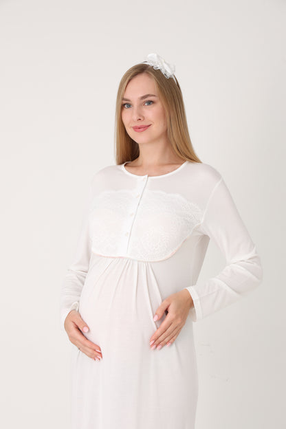 Çiçek Desenli Sabahlık Dantel Detaylı Önden Düğmeli Sabahlıklı Lohusa Hamile Gecelik Takımı 2'Li Takım -2314