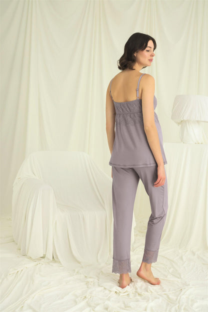 Askılı Dantelli Emzirme Özellikli Sabahlıklı Lohusa Pijama Takımı - 18671