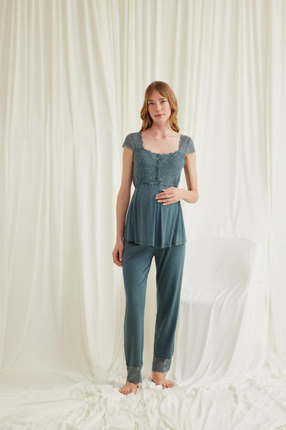 Dantelli Omuz Sabahlıklı Lohusa Pijama Takımı - 18535