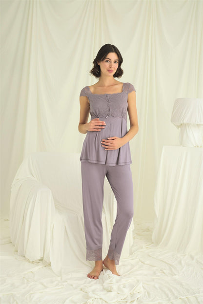 Önden Düğmeli Dantel Detay Sabahlıklı Lohusa Hamile Pijama Takımı - 18669
