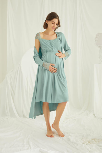 Dantelli Omuz Sabahlıklı Lohusa Gecelik Takımı - 18467