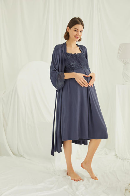 Dantelli Omuz Sabahlıklı Lohusa Gecelik Takımı - 18210