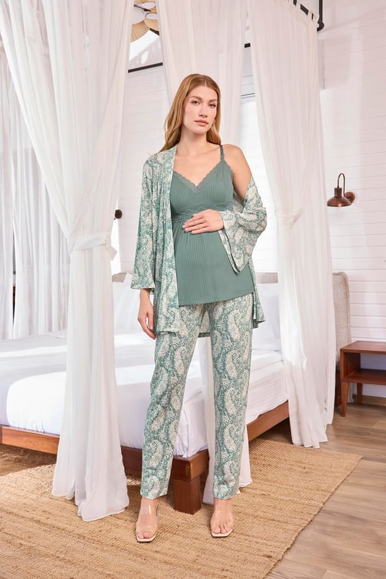 Emzirme Özellikli Askılı Sabahlıklı Lohusa Hamile Pijama Takımı 25110