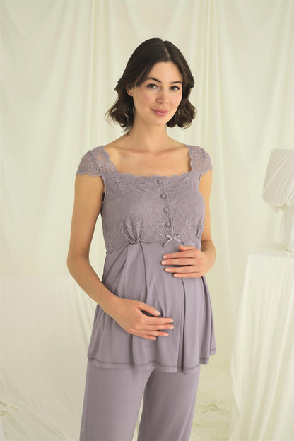 Önden Düğmeli Dantel Detay Sabahlıklı Lohusa Hamile Pijama Takımı - 18669