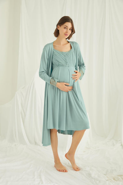 Dantelli Omuz Sabahlıklı Lohusa Gecelik Takımı - 18467