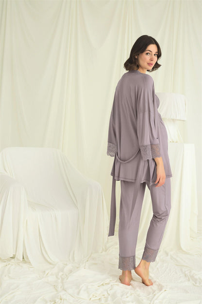 Askılı Dantelli Emzirme Özellikli Sabahlıklı Lohusa Pijama Takımı - 18671
