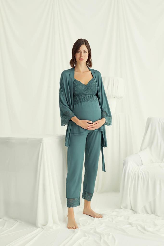 Emzirme Özellikli Önden Düğmeli Dantel Detaylı Sabahlıklı Lohusa Hamile Pijama Takımı 18523