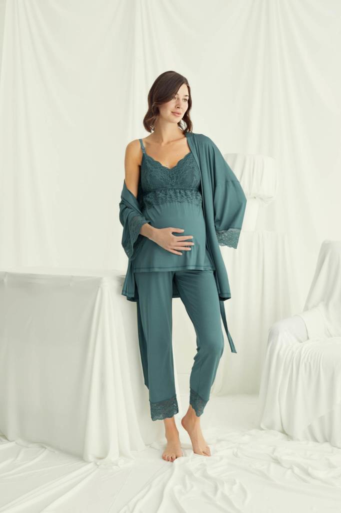 Emzirme Özellikli Önden Düğmeli Dantel Detaylı Sabahlıklı Lohusa Hamile Pijama Takımı 18523
