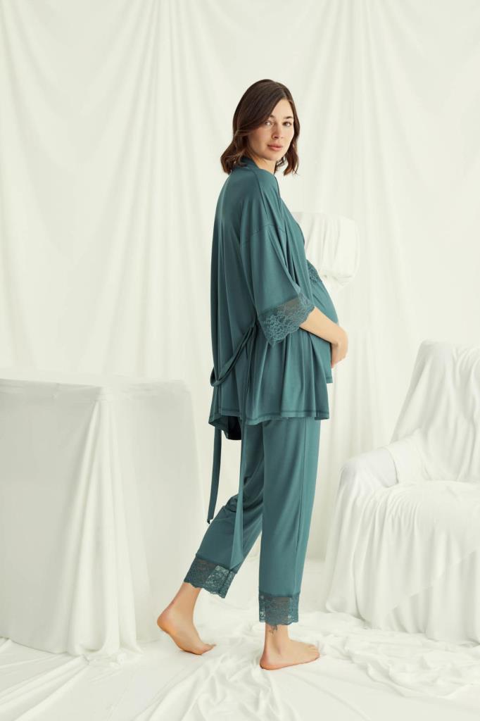 Emzirme Özellikli Önden Düğmeli Dantel Detaylı Sabahlıklı Lohusa Hamile Pijama Takımı 18523